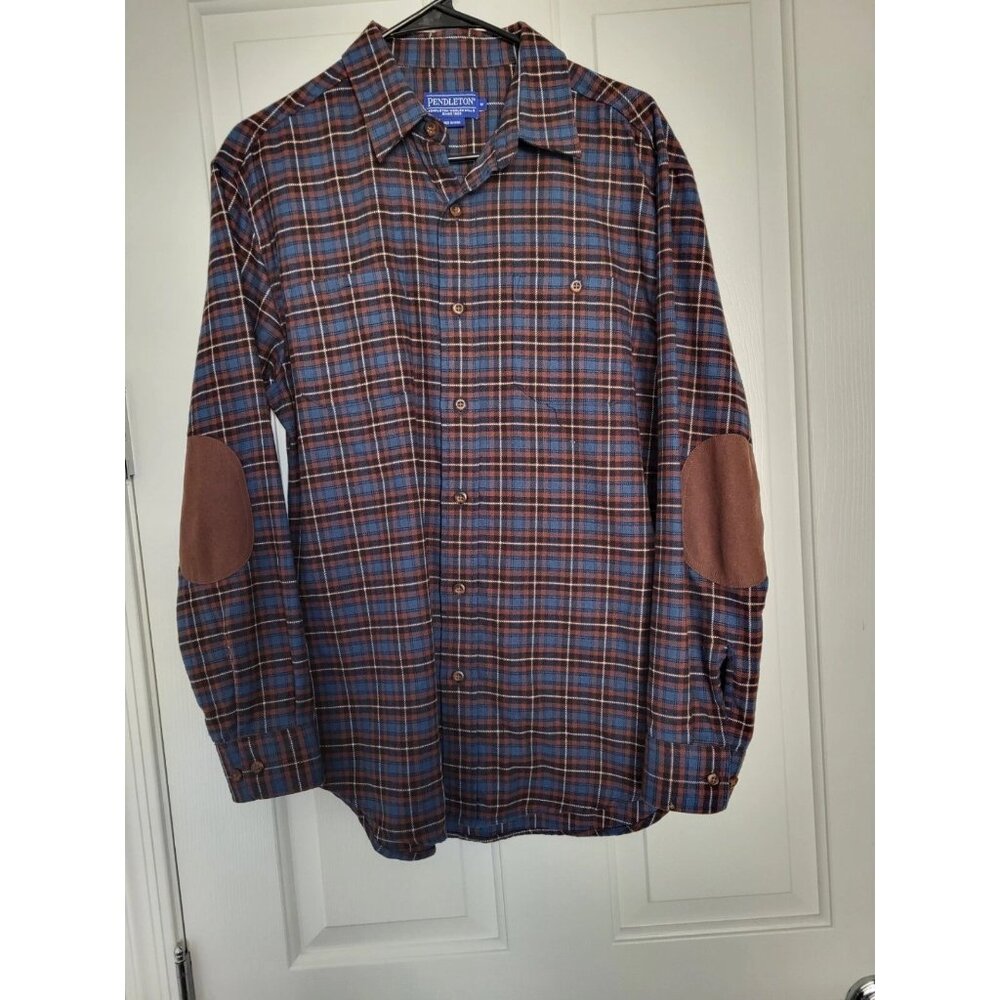 NWOT Pendleton Trail Men's Medium Plaid Flannel Blue Brown Elbow Patches